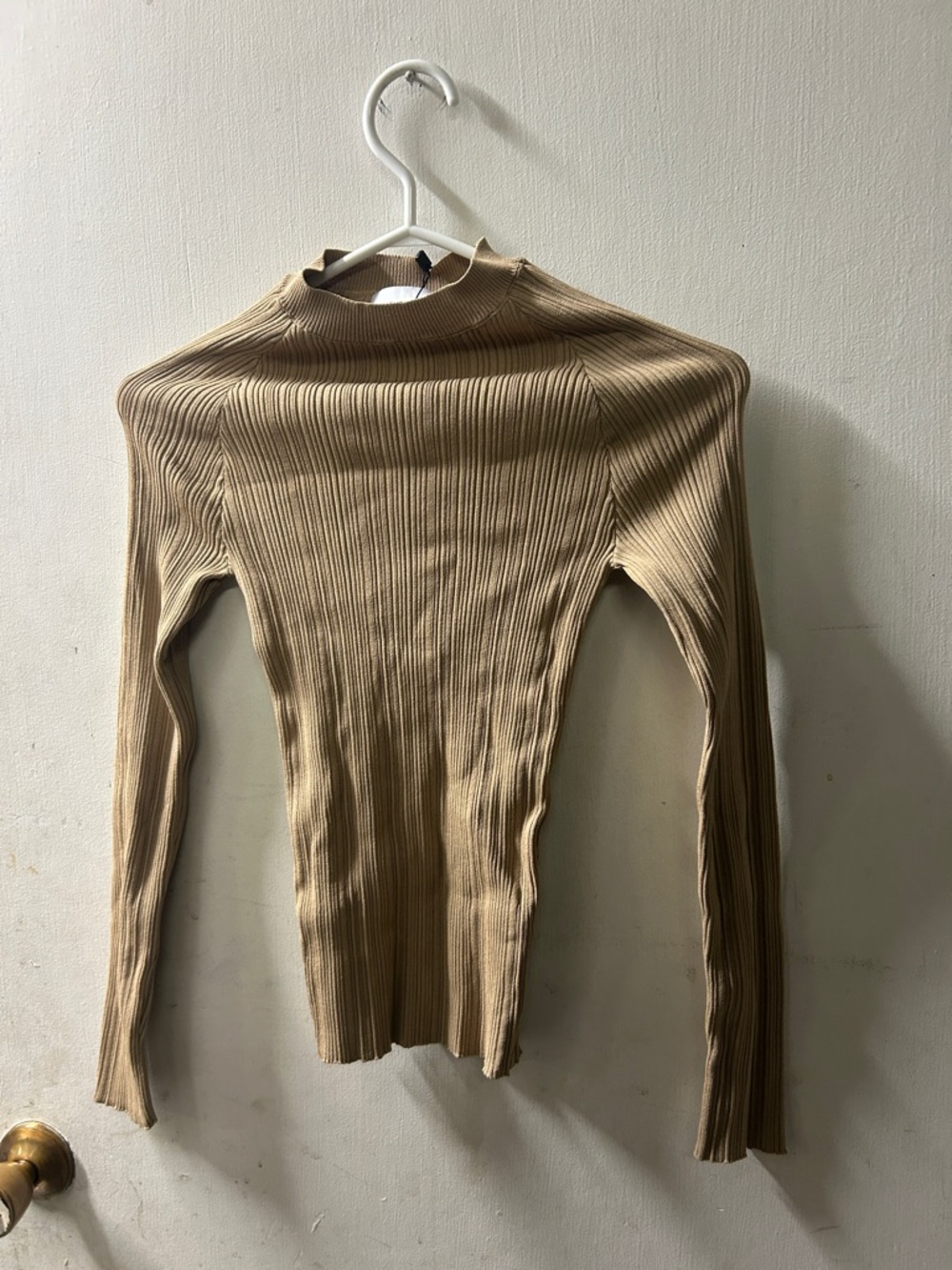 Sheike Fitted Ribbed Mock Neck Top in Beige